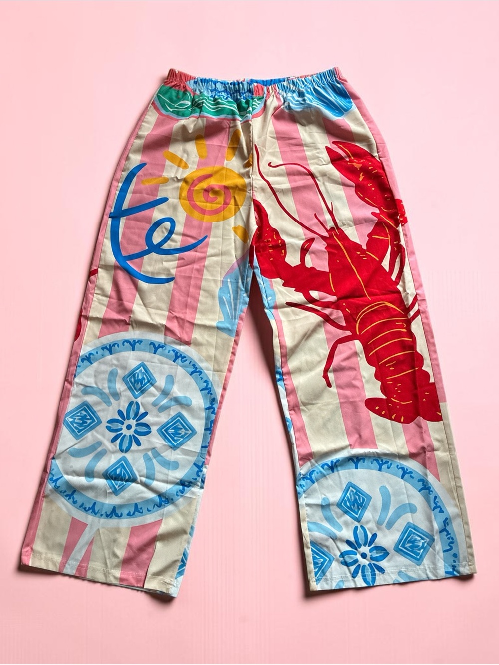Source Unknown Pink Stripe Lobster Print Wide Leg Pants